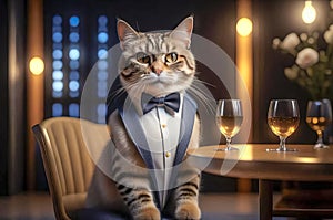 Gorgeous cat in a beautiful interior with a glass of wine. Romance and congratulations