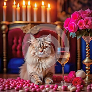 Gorgeous cat in a beautiful interior with a glass of wine. Romance and congratulations