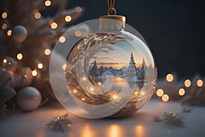 A gorgeous Christmas bauble with a detailed winter landscape painting and golden inlays