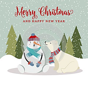 Gorgeous Christmas card with snowman and polar bear
