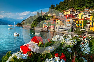 Gorgeous cityscape and harbor with boats, Varenna, lake Como, Italy