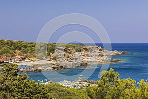 Gorgeous coastline nature landscape view with beaches and hotels in Rhodes Island. Greece.