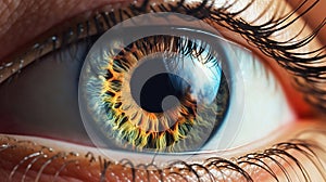 Gorgeous and colorful iris, beautiful woman epic eye, closeup shot. Generative AI