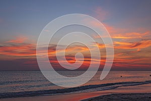 Gorgeous colorful view of sunset on Eagle Beach of Aruba Island. Caribbean.