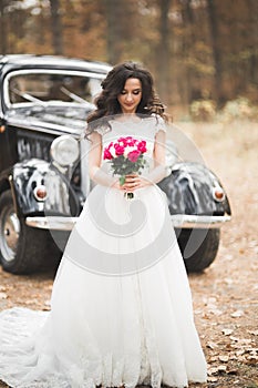 Gorgeous elegant bride posing near stylish retro black car Luxury wedding in vintage style. Portrait