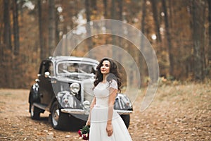Gorgeous elegant bride posing near stylish retro black car Luxury wedding in vintage style. Portrait