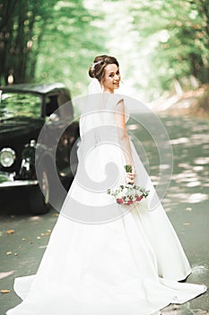 Gorgeous elegant bride posing near stylish retro black car Luxury wedding in vintage style. Portrait