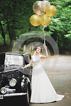 Gorgeous elegant bride posing near stylish retro black car Luxury wedding in vintage style. Portrait