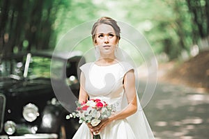 Gorgeous elegant bride posing near stylish retro black car Luxury wedding in vintage style. Portrait