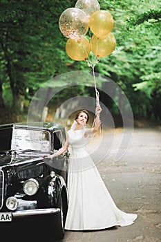 Gorgeous elegant bride posing near stylish retro black car Luxury wedding in vintage style. Portrait