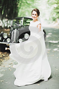 Gorgeous elegant bride posing near stylish retro black car Luxury wedding in vintage style. Portrait