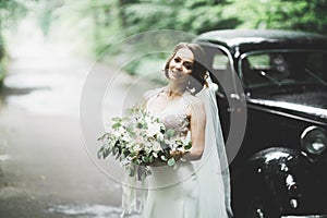 Gorgeous elegant bride posing near stylish retro black car Luxury wedding in vintage style. Portrait