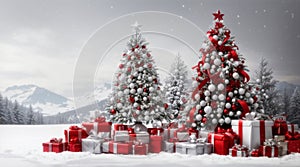 Gorgeous elegant Christmas tree with gifts in red and silver on a panoramic snow background