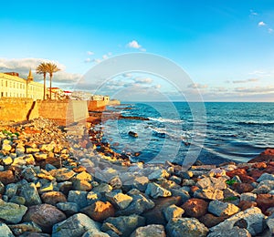 Gorgeous evening cityscape of historical part of Alghero town