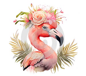 Gorgeous exotic pink flamingo with flowers isolated on white background.