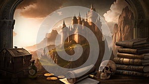 Gorgeous fantasy art frame background with ancient castle