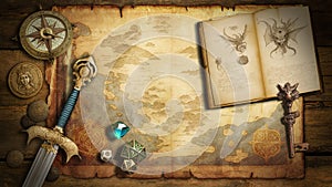 Gorgeous fantasy art frame background with ancient map and dices