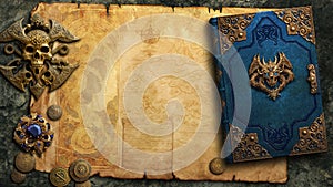 Gorgeous fantasy art frame background with ancient map and medallion