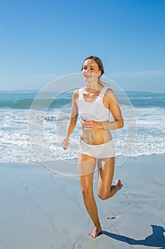 Gorgeous fit blonde jogging by the sea