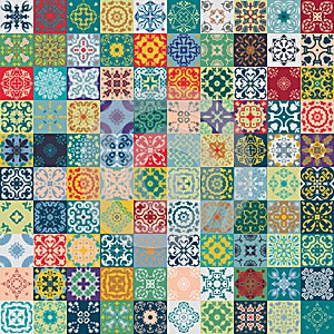 Gorgeous floral patchwork design. Moroccan or Mediterranean square tiles, tribal ornaments. For wallpaper print, pattern fills, we