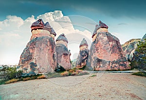 Gorgeous fungous forms of sandstone in the canyon near Cavusin village, Cappadocia, Nevsehir Province in the Central Anatolia