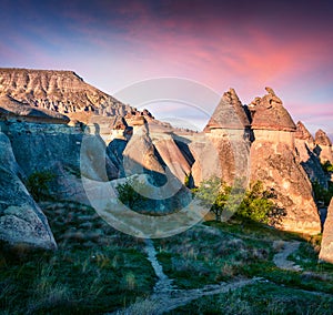 Gorgeous fungous forms of sandstone in the canyon near Cavusin village, Cappadocia, Nevsehir Province in the Central Anatolia