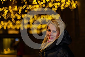 gorgeous girl portrait in night city lights. Vogue fashion style portrait of young pretty beautiful woman