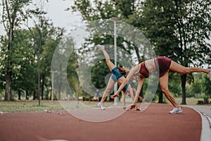 Gorgeous Girls Displaying Athleticism and Flexibility in Green Outdoor Park