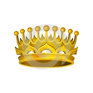 Gorgeous golden crown. Realistic icon of shiny king attribute with yellow gradient. Vector element for luxury label or