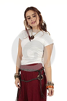 Gorgeous hippy girl model in summer festival style showing a blank white t-shirt to display your designs