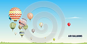 Gorgeous horizontal banner, background or picturesque landscape with hot air balloons flying in clear blue sky. Festival