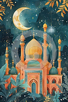 Gorgeous islamic greeting background. Mosque and Arabic Lantern. Ramadan kareem. Eid Mubarak cards for Muslim Holidays