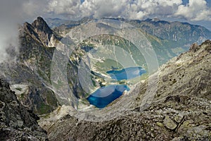 Gorgeous landscape with high peaks, stone cliffs in mountain and view of the Blake lake, or the Morskie Oko lake in a valley.Popul