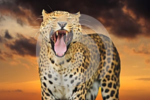 Roaring leopard on the sky background