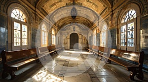 Sunlit Historic Interior with Arched Ceilings and Tiled Walls in a Majestic Old Building photo