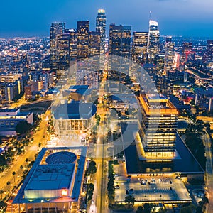 Gorgeous lights in the evening streets in downtown Los Angeles