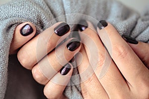 Gorgeous manicure, dark purple tender color nail polish, closeup photo. Female hands over background of casual clothes