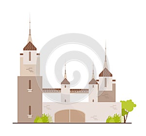 Gorgeous medieval castle, fairytale fortress, fantastic citadel or stronghold isolated on white background. Beautiful