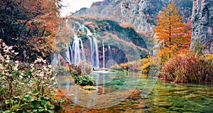 Gorgeous morning view of pure water waterfall in Plitvice National Park. Stunning autumn afternoon in Croatia, Europe. Abandoned p