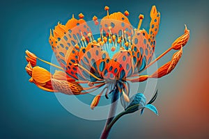 Gorgeous orange flower flower on teal blue green background. Generative AI