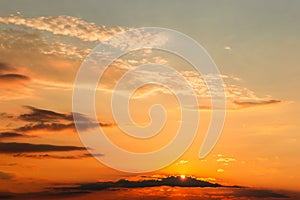 Gorgeous panorama scenic of the strong sunset with clouds on the orange sky