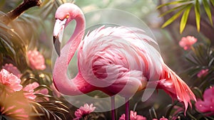 Gorgeous pink flamingos on pink pastel background. Summer holiday design. Lot of flamingos spend the winter in warm