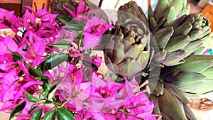 Gorgeous pink flowers and seasonal artichokes, floral centerpiece photo