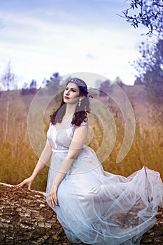 Gorgeous Portrait of Sensual Caucasian Brunette in Long Blue Dress Posing on Wood Pile Against Bright Light