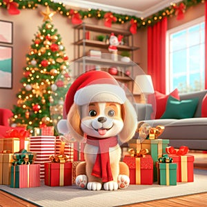 gorgeous puppy dog wearing santa hat
