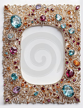 A gorgeous rectangular frame adorned with a multitude of sparkling multi-colored gemstones.