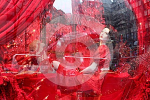 Gorgeous red themed storefront window decorated for the Christmas season, New York City, 2018