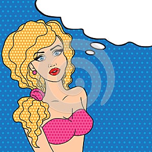 Gorgeous retro blonde woman in swimsuit with think bubble for your text, curly hair woman comic style pop art