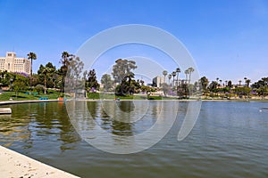 A gorgeous rippling lake with a water fountain surrounded by lush green palm trees and grass with birds