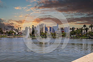 A gorgeous rippling lake with a water fountain surrounded by lush green palm trees and grass with birds and powerful clouds